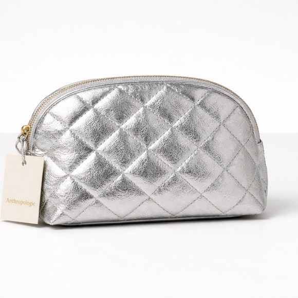 Anthropologie Silver Quilted Cosmetic Bag & Rhodium Necklace Set NWT - Picture 3 of 8